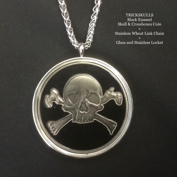Black Enamel Skull & Crossbones Coin + Stainless Locket Custom Wheat Link Chain - Picture 2 of 9